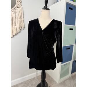 Soft Surroundings Black Velvet Surplice V-Neck 3/4 Sleeves Blouse Holiday Top L
